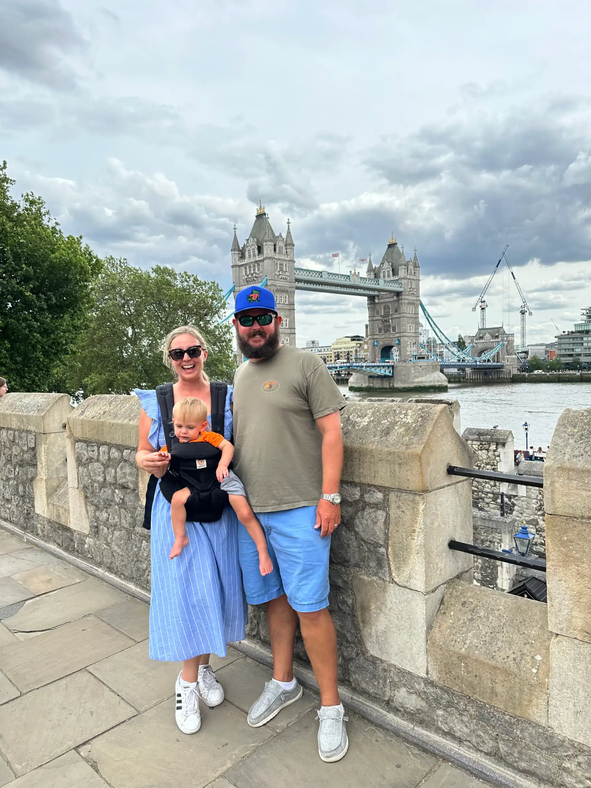 Family standing in front of london bridge