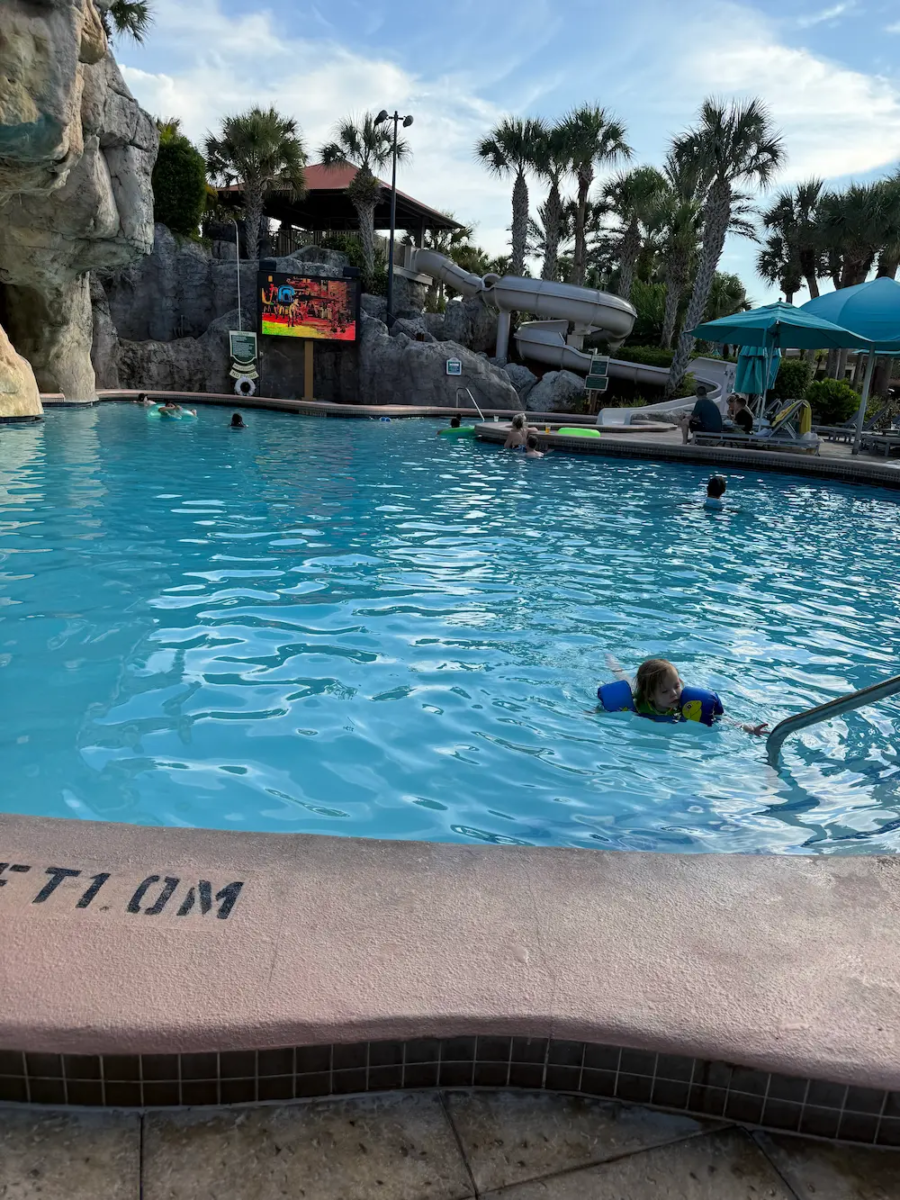 Toddlers swim in pool while watching Toy Story 3 at the pool at Hyatt Regency Grand Cypress