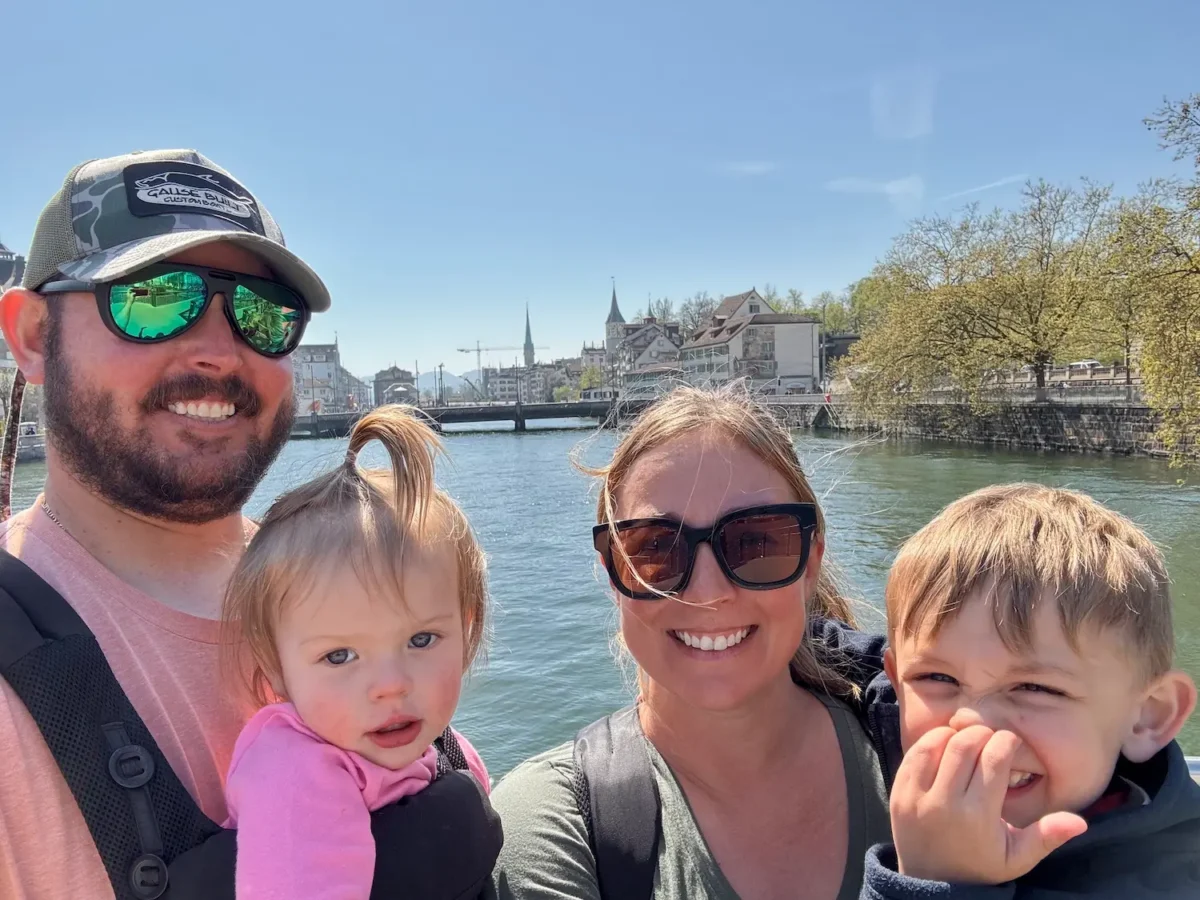 A selfie of our family overlooking Old Town Zurich