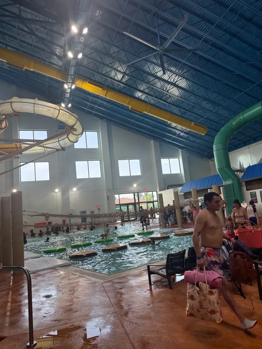 Part of the indoor waterpark at great wolf lodge in Naples with a shot of the pool with the jumping lily pads.