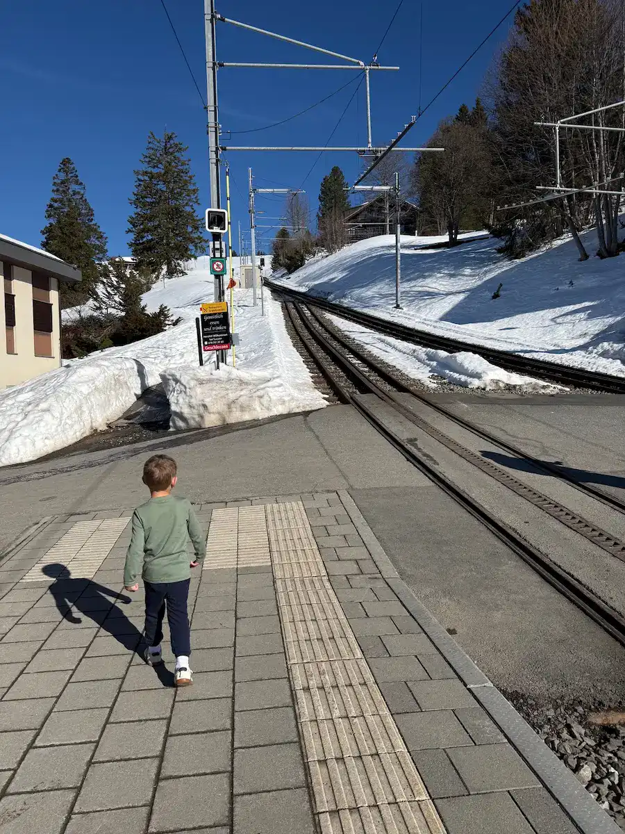 My son looking at the cogwheel tracks to take us up to the top of Mt Rigi.
