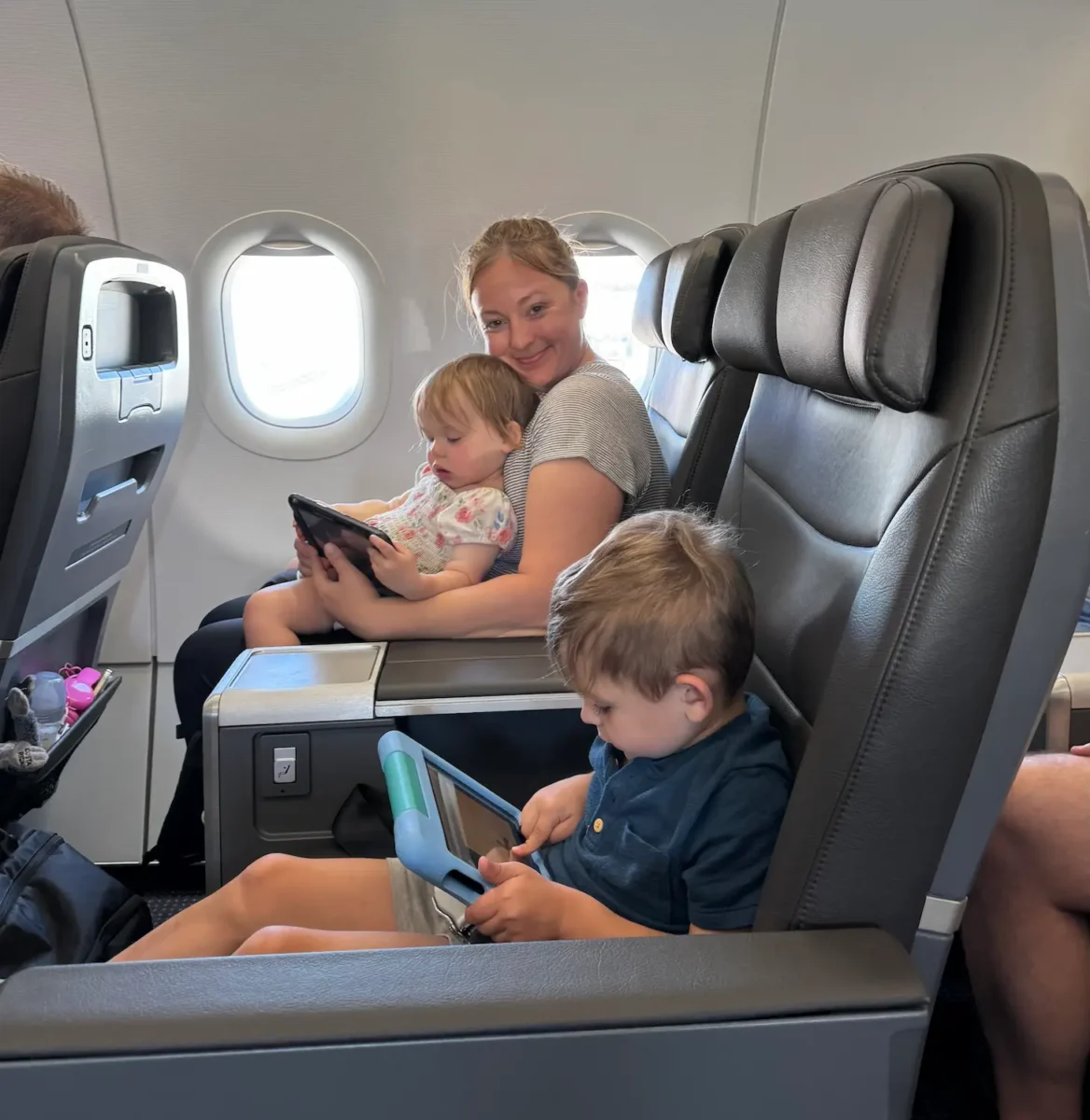 My kids and I flying business class on the way home from Costa Rica. 